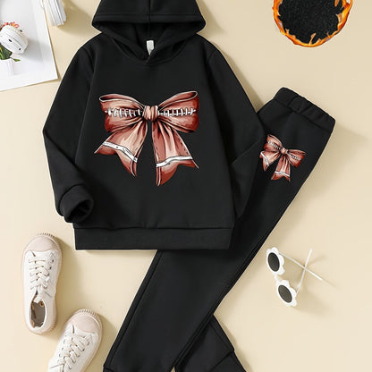 Cozy and stylish girls' 2-piece set featuring fleece-lined hoodie with bow design and matching joggers, ideal for fall/winter and outdoor activities.