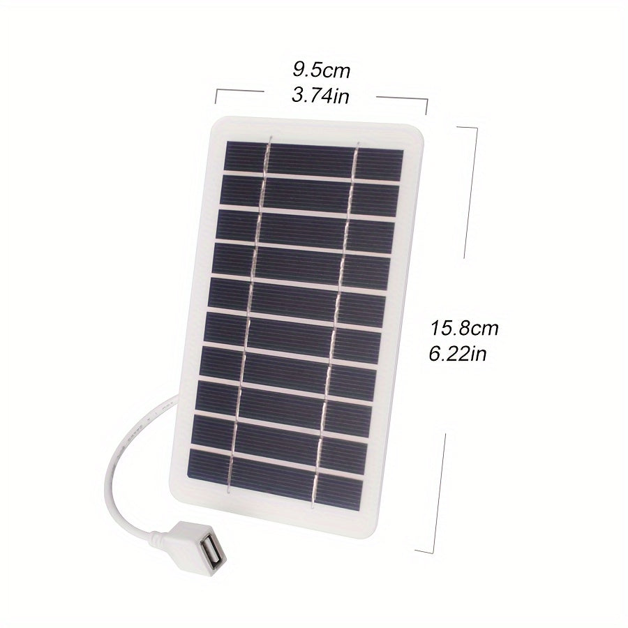 Lightweight USB solar charger for outdoor activities like camping, hiking, fishing, and travel. Operates at ≤36V with female to male polarity and 0-5W output power, no battery required.