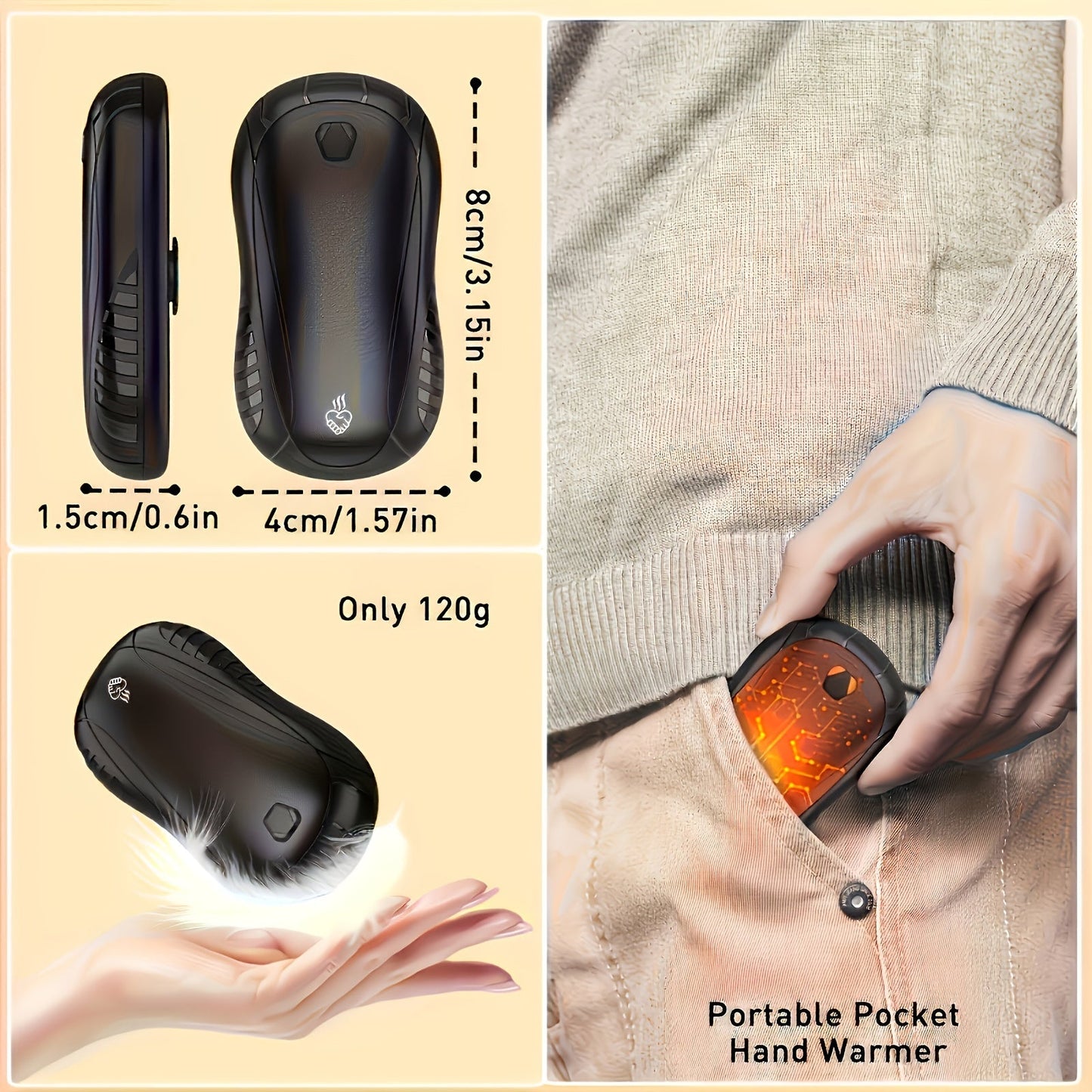 Introducing a set of 2 rechargeable hand warmers wrapped in festive Christmas packaging. These pocket-sized electric hand warmers come with three temperature settings and are perfect for men, women, and children. They are reusable and ideal for outdoor