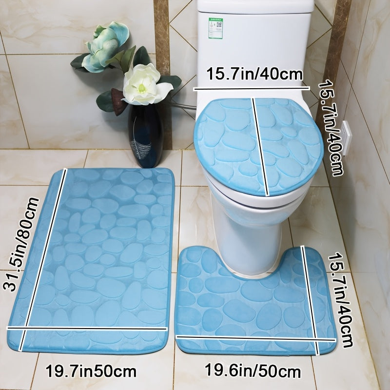 Collection of 1/3 Plush and Highly Absorbent Bath Mats, Including Non-Slip Rugs, U-Shaped Contour Mat, and Toilet Seat Cover. These Mats Feature a Beautiful Floral Embossed Design with Slip-Resistant Backing, Excellent Water Absorption Properties, and