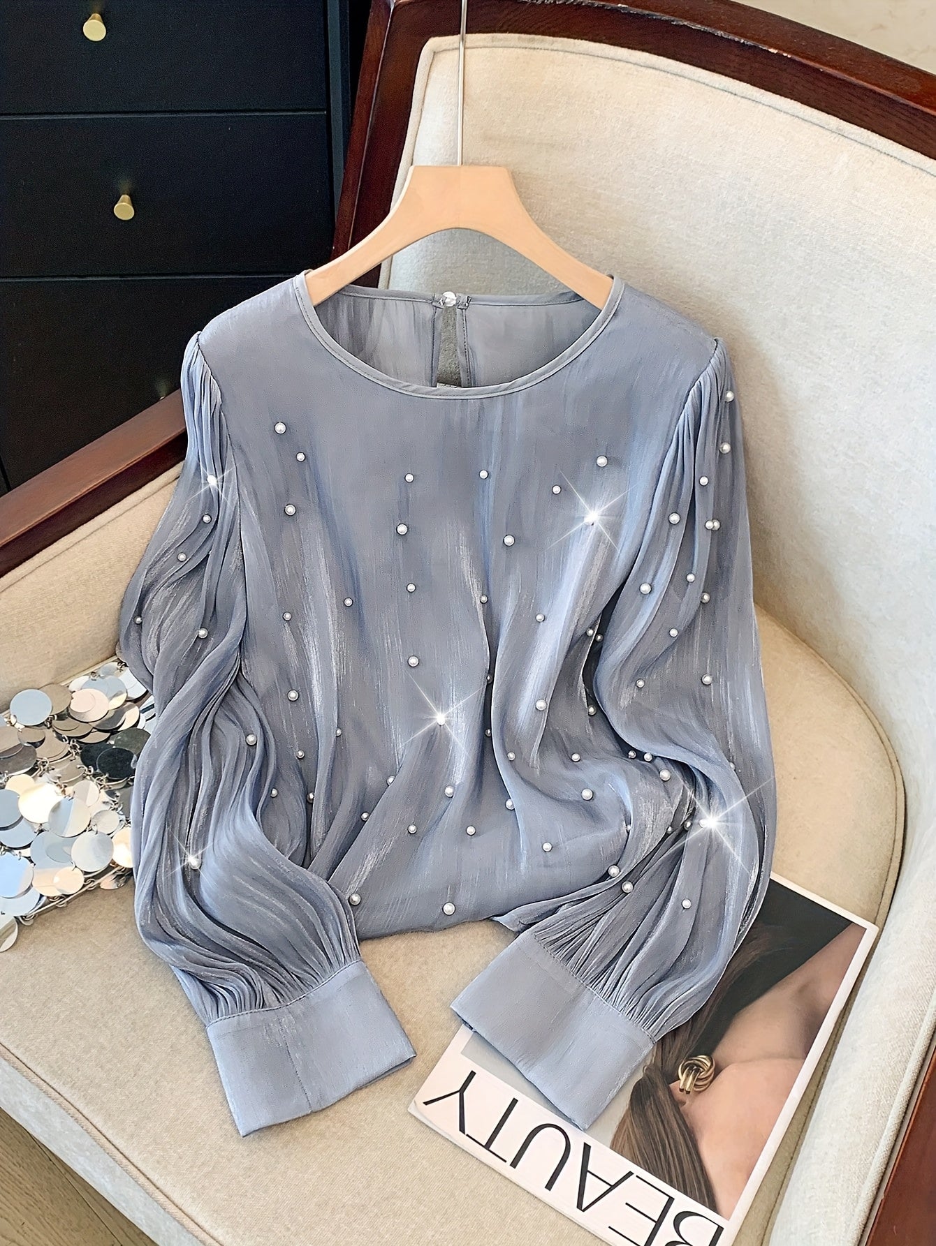 Women's luxury beaded V-neck blouse, elegant French style, long sleeve, polyester, machine washable, perfect for spring/fall fashion events.