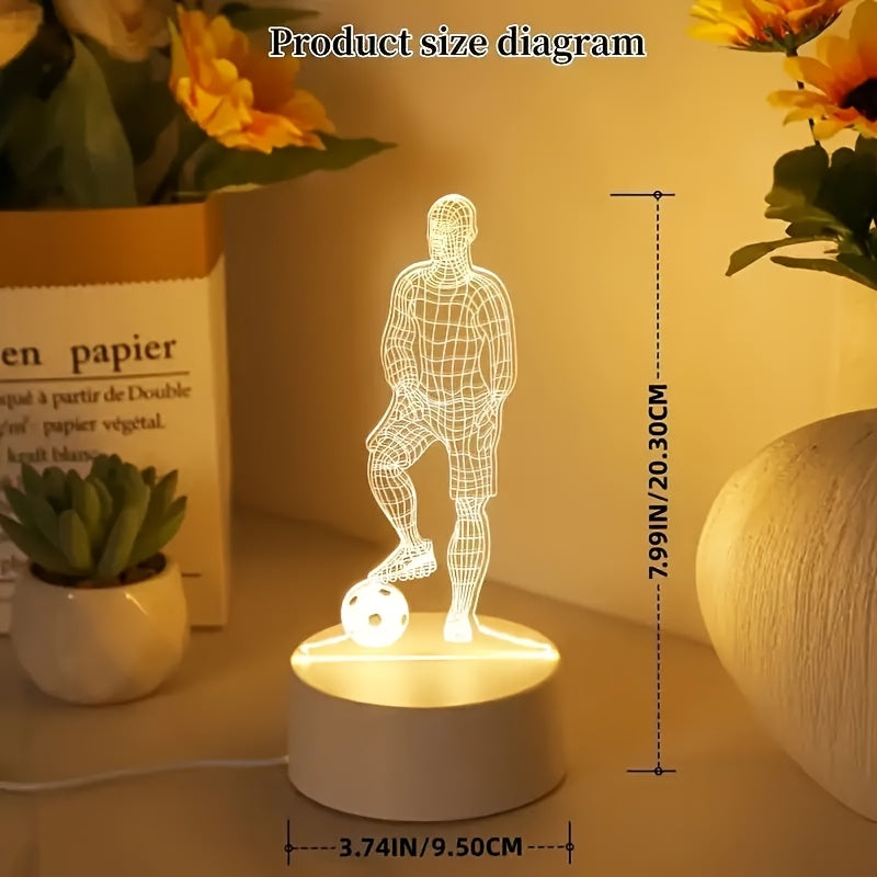 Football player-shaped table lamp with USB interface and LED night light for bedroom decoration.