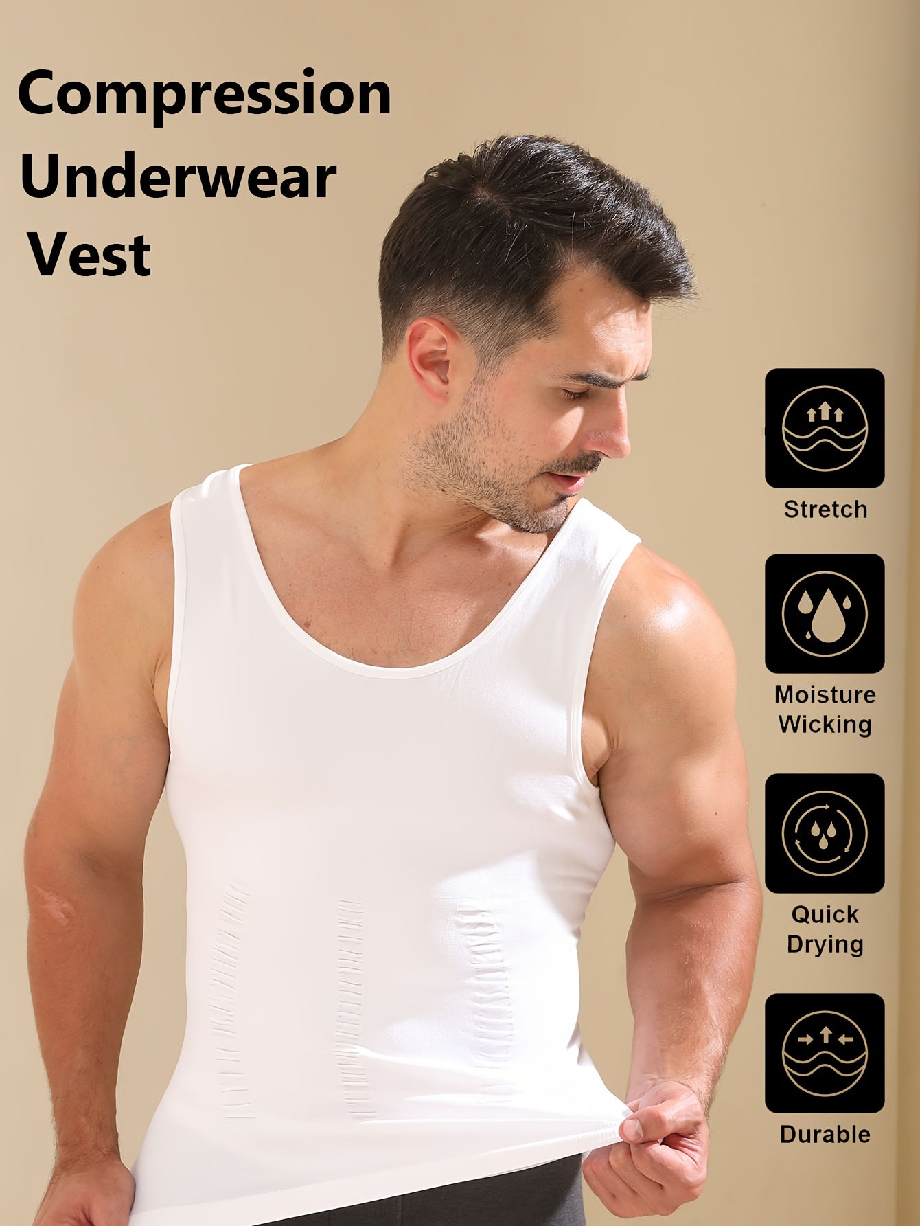 Men's body shaping tank top with breathable fabric, wide shoulder straps, designed to slim waist and chest.