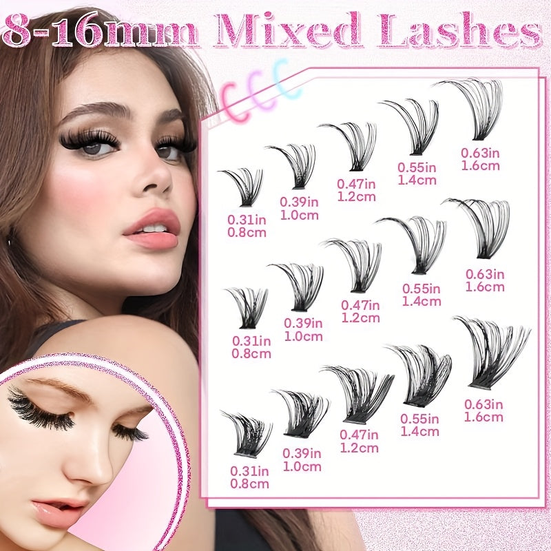 200-piece DIY Eyelash Extension Kit with mixed lengths (8-16mm) in different styles for various makeup looks. Includes natural, thick, extra thick, and cat eye options that are soft