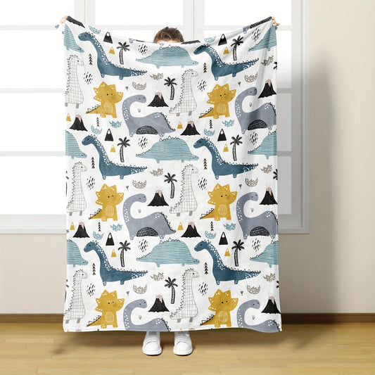 Stay cozy with this adorable Cartoon Dinosaur Pattern Flannel Throw Blanket. Made from soft polyester in a knitted design, this blanket is perfect for young ones to cuddle up with. Available in mixed colors, this dinosaur-themed blanket is sure to keep