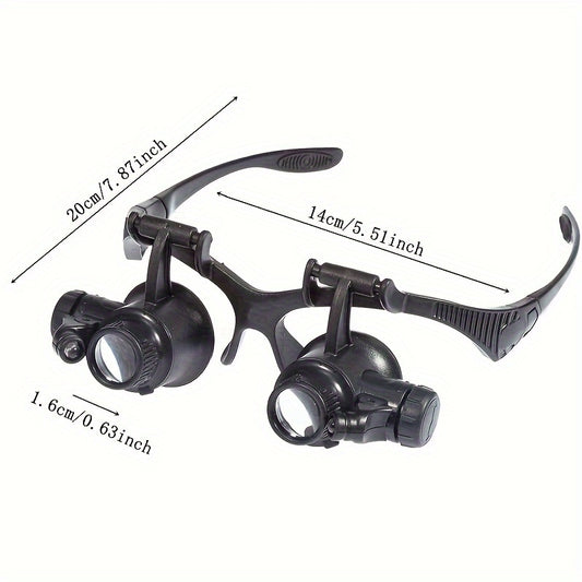 Headband magnifier glasses set with 10X, 15X, 20X, and 25X lenses. Hands-free head-worn loupe visor with LED light for various tasks. Battery powered with non-rechargeable button batteries.