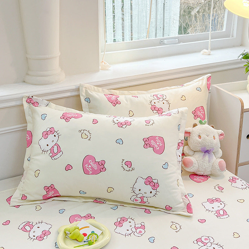 One piece of a Hello Kitty pillowcase made from 100% soft and breathable fabric. This bed pillow cover is machine washable and allergy-resistant. It features a digital print design with an envelope closure. The fabric weight is 250-300gsm, perfect for