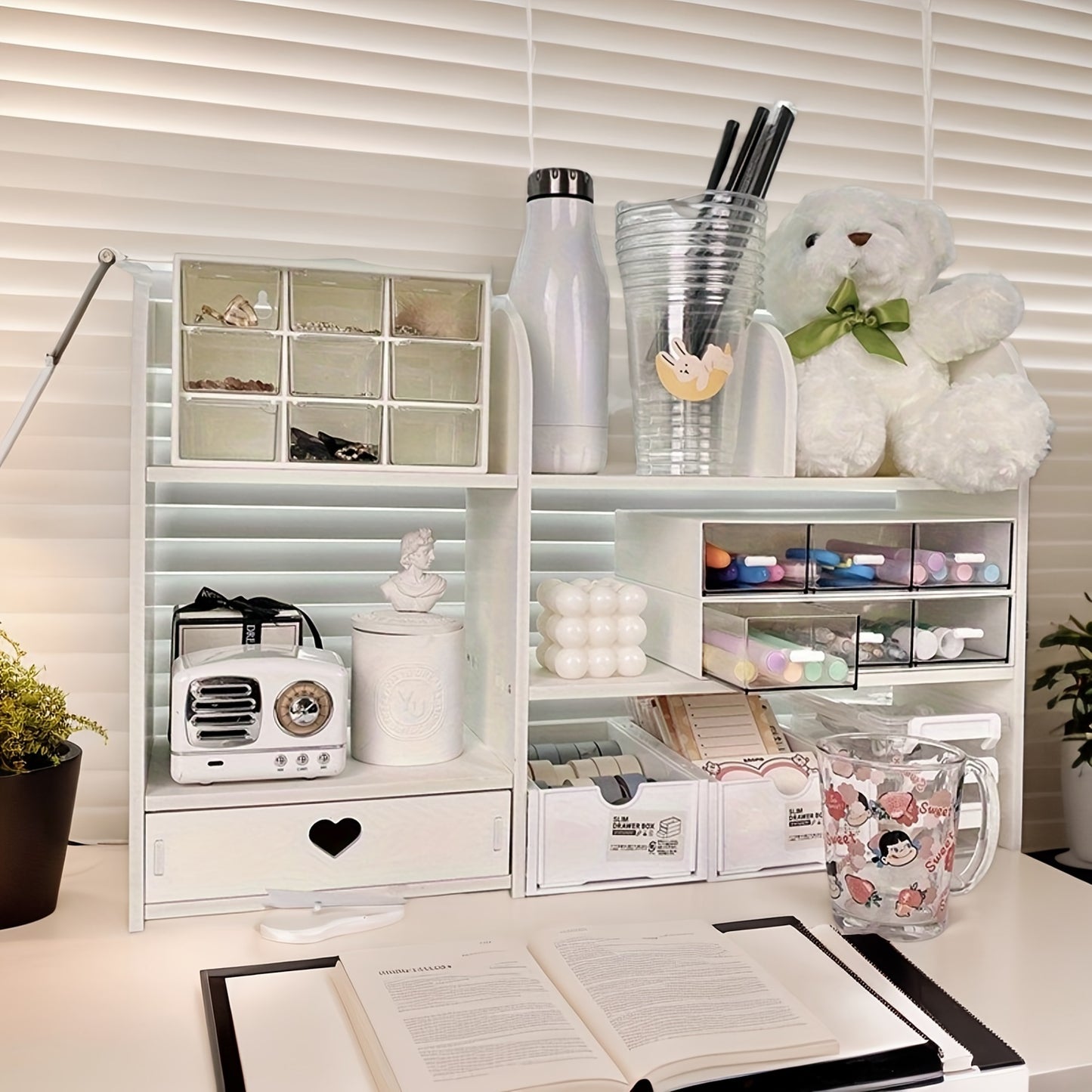 Wooden desk organizer with drawers for storage of books, stationery, and supplies. Ideal for office, school, or bedroom use.