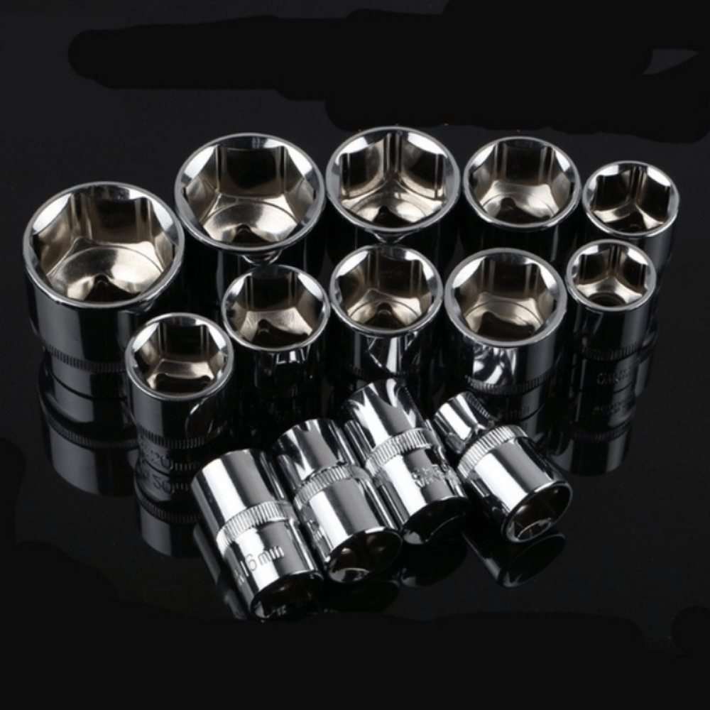 12-piece socket wrench set for bike repairs, with extension bars and ratchet handle for various vehicle maintenance.