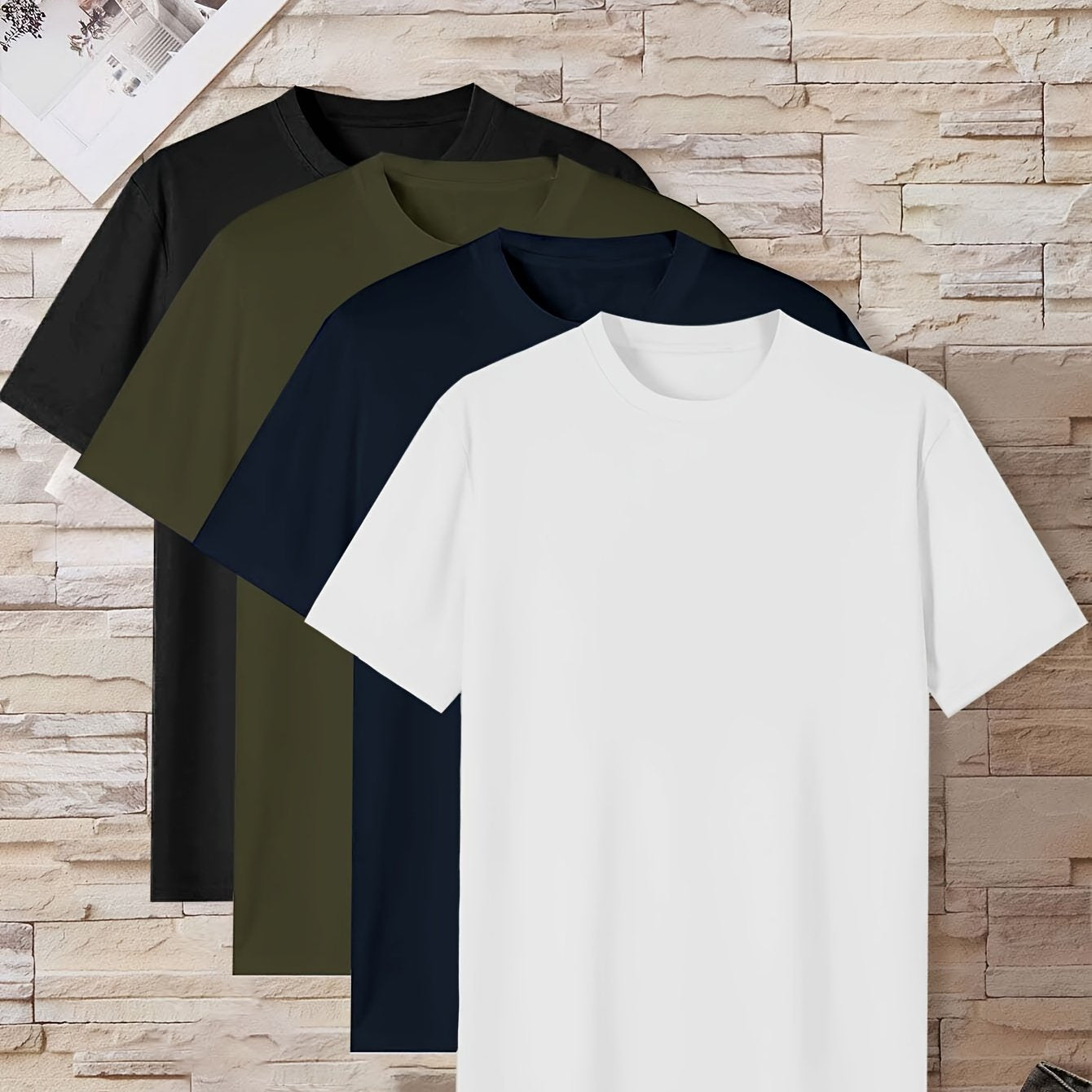 4 men's short sleeve t-shirts in solid colors - casual polyester loungewear, crew neck, machine washable, perfect for summer lounging.