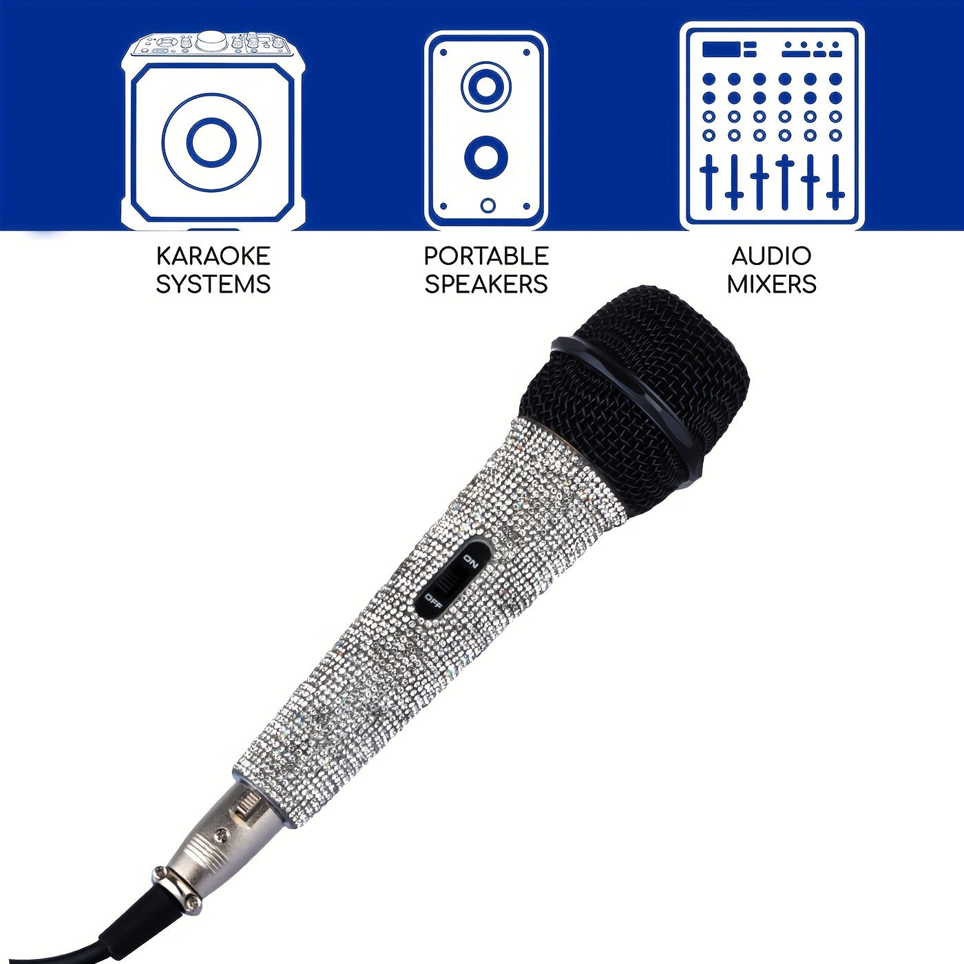 Metal handheld microphone decorated with rhinestones, ideal for singing with a 5.0 meter XLR cable.