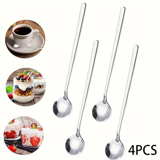 4 silver coffee spoons with long handles made of food-grade stainless steel.