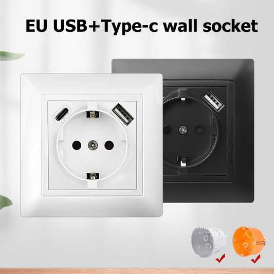 EU Type-C USB Wall Socket with Flame Retardant PC Panel, AC 110V-250V 16A Standard Socket, Suitable for Round Box.