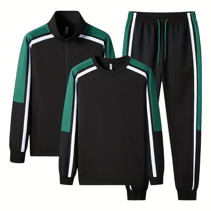 Men's 3-piece tracksuit set for gym workout and running, featuring a full-zip jacket, sweatshirt, and jogging pants.