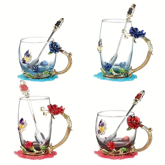 11.8oz Clear Glass Tea Cup Set with Coaster, Spoon, and Elegant Flower Pattern - Perfect for Coffee, Water, or Summer/Winter Drinks - Ideal Gift for Birthdays