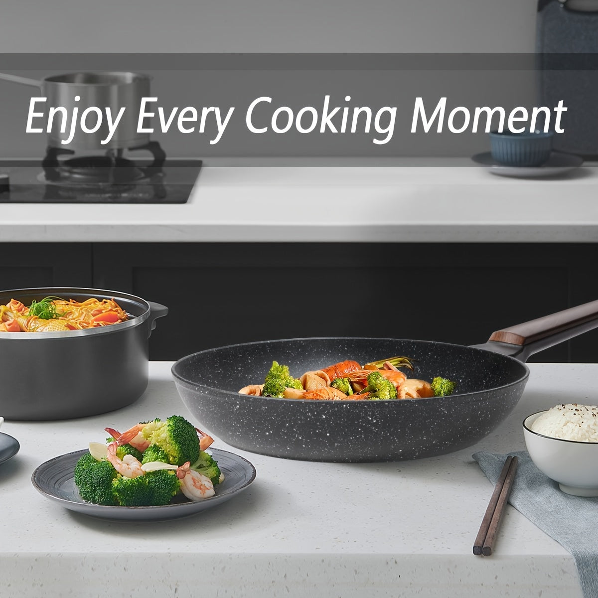 High-quality Nonstick Granite Skillet - Free of PFOA, Suitable for Induction Stovetops, Perfect for Cooking Eggs & Omelets, Easy to Clean in Dishwasher, Features a Silicone Handle - Comes in Various Sizes (20.32cm/22.1cm/24.13cm/25.4cm/27.94cm)