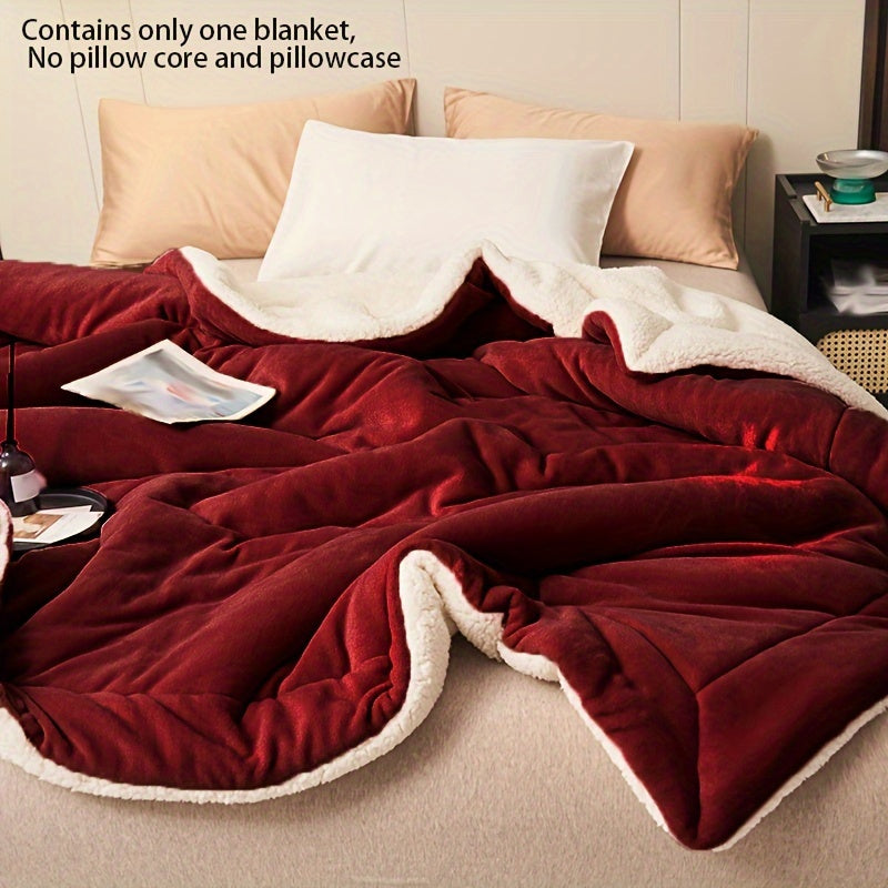 Luxurious wine red double-layer milk velvet shearling throw blanket - cozy, soft, and warm for any season. Easy to clean, perfect for couch, bed, or office nap.