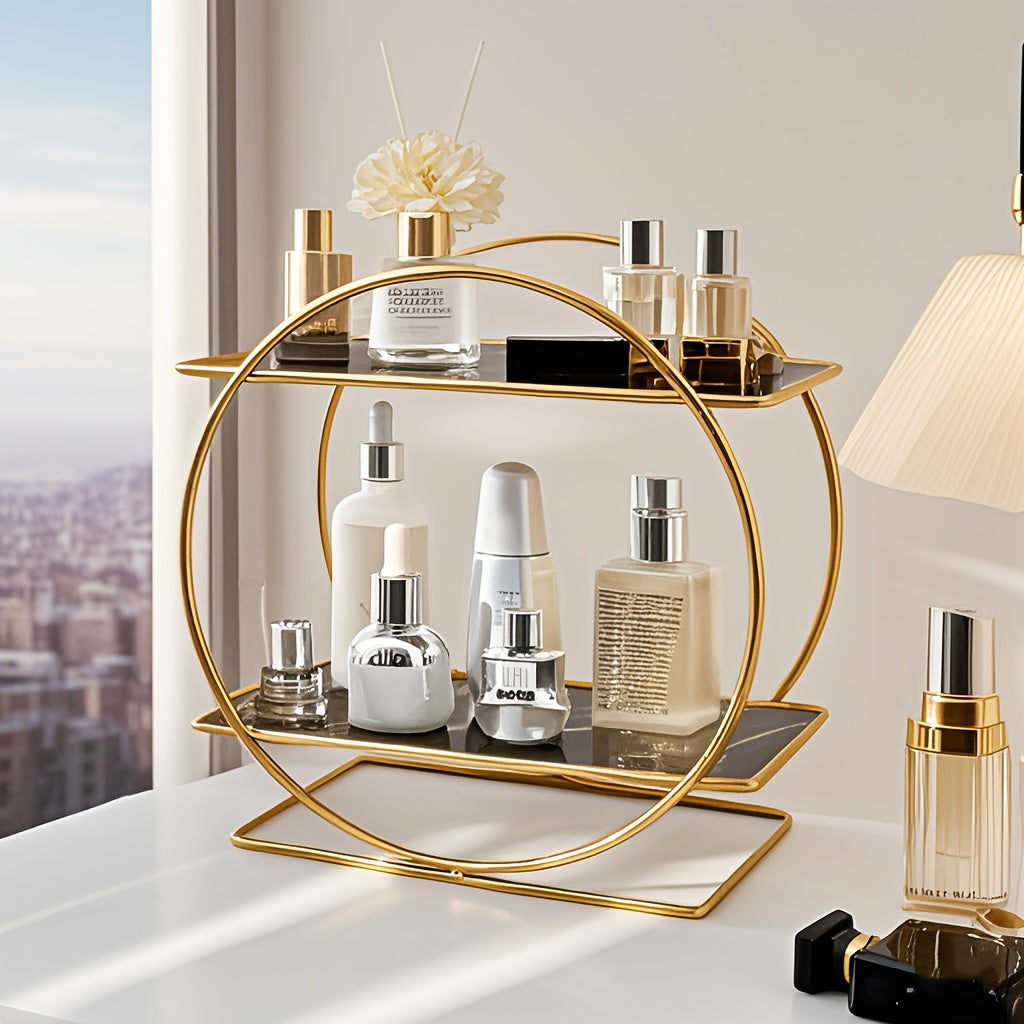 Golden round metal shelf with UV coating, ideal for organizing cosmetics and skincare products in the bathroom or living room. Two-tiered, detachable, and portable design.