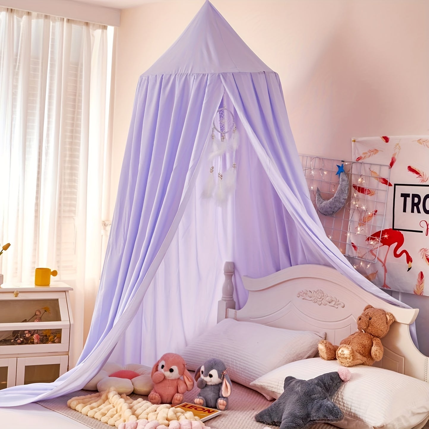 Princess style kids bed canopy made of soft polyester fabric, machine washable, dreamy mosquito netting. Perfect for a contemporary reading nook tent in a girls room. Indoor use, 100-120 gsm.