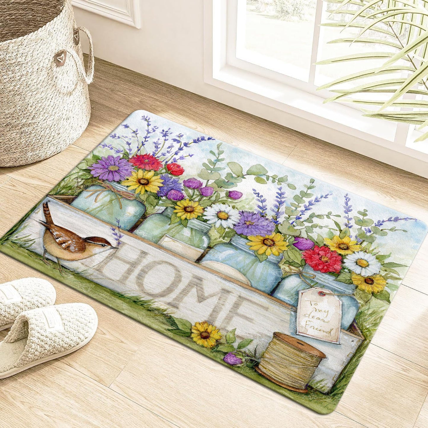 Spring Floral and Bird Design Home Door Mat, Perfect for Easter and Valentine's Day, Anti-Fatigue Kitchen Decor, Machine Washable, Stain Resistant, Non-Slip, Made of Polyester, 1 Piece, Rectangle Shape, 1.2cm Thick