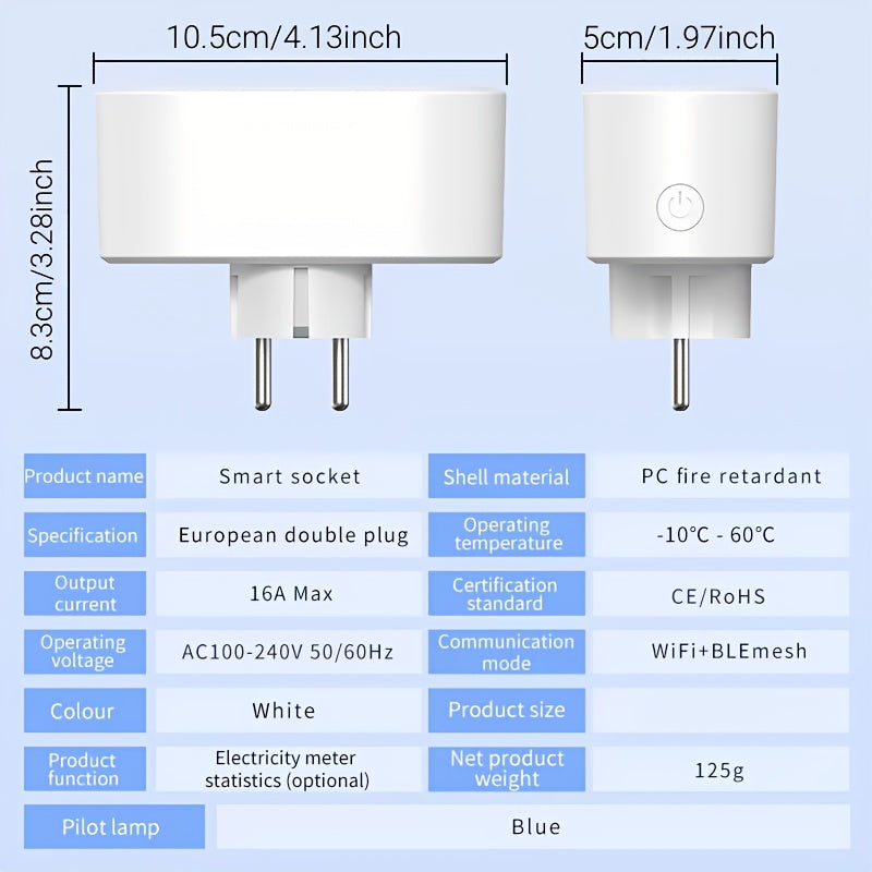 Dual plug socket with voice control, power monitoring, and 16A capacity. Compatible with Alexa and Google. Perfect for TVs, computers, and DVD players.