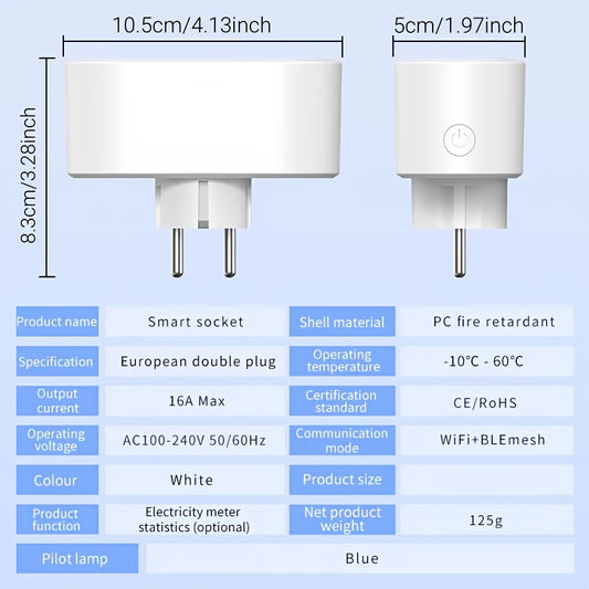 Dual plug socket with voice control, power monitoring, and 16A capacity. Compatible with Alexa and Google. Perfect for TVs, computers, and DVD players.