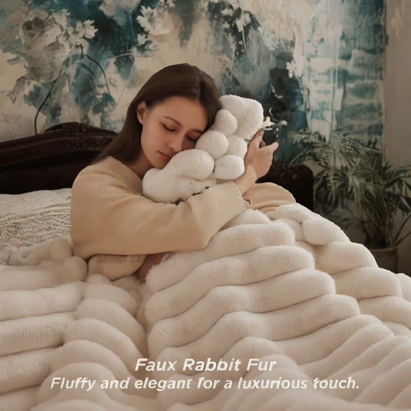 Stay cozy and stylish with our Plaid Rabbit Fur Throw, a versatile home accessory made from luxurious polyester. Whether you're lounging on the couch, snuggled up in bed, or taking a nap at the office, this throw is perfect for all your comfort needs.