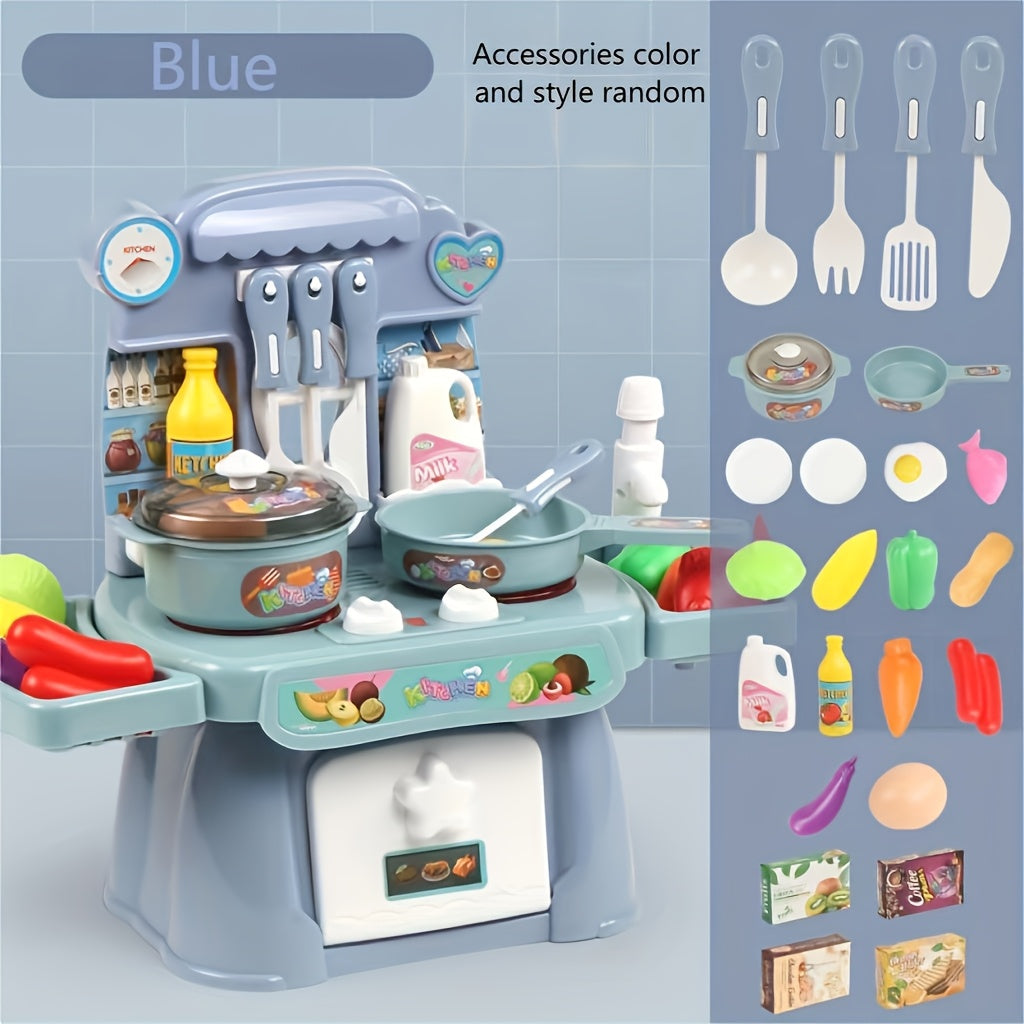 Gzsbaby play kitchen set features lights, sounds, stove, sink, and faux food in pink/blue colors, perfect for winter and New Year.