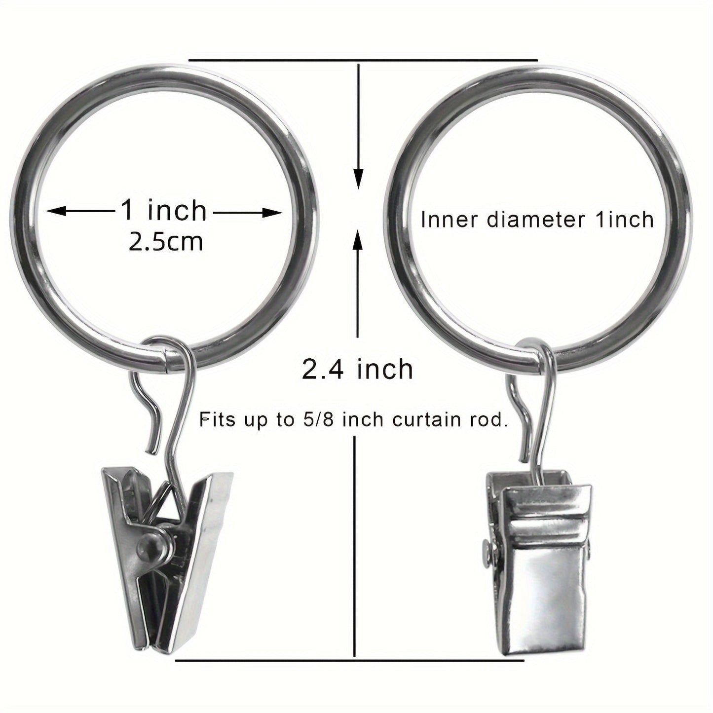 Set of 12 Stainless Steel Curtain Rings with Clips - Strong, Simple to Set Up, Modern Decorative Drapery Rings for Lasting Protection Against Rust