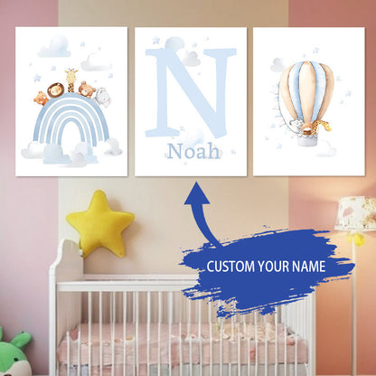 Customize Your Space with the Dreamy Design 3-Piece Initial Wall Art Set - Featuring Hot Air Balloon and Blue Rainbow Canvas Prints, Perfect for Nursery, Kids' Room, Bedroom, or Dining Area