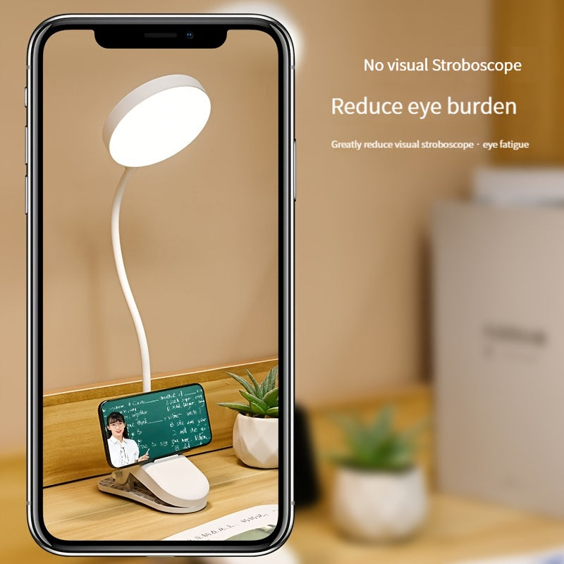 Adjustable brightness clip-on LED desk lamp with soft eye protection, touch control and USB charging. Ideal for reading and studying in dorms, bedrooms, and home offices.