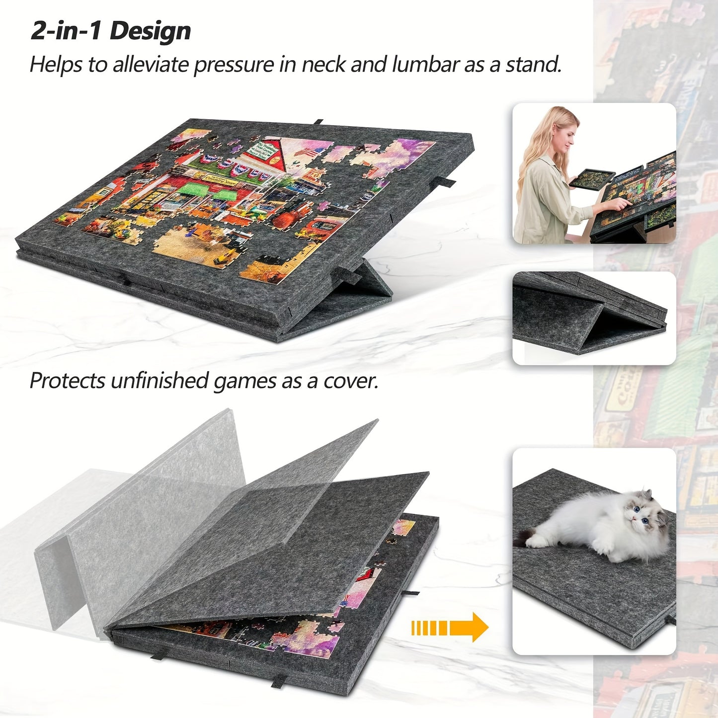 Puzzle table with stand, 6 drawers, portable design, sorting board, and integrated felt surface for children.