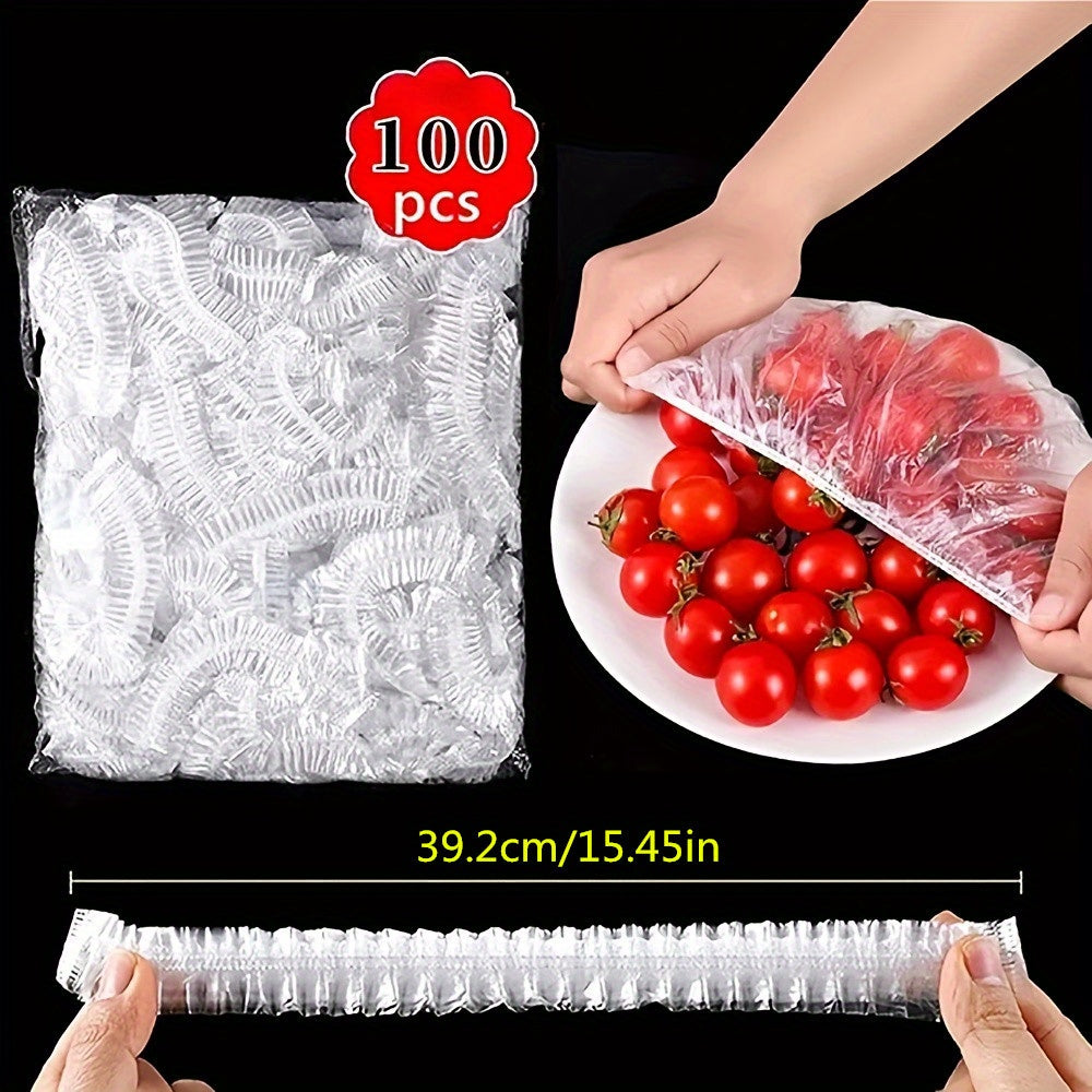 50-100 pieces of disposable fresh-keeping covers made of plastic for use in storing food. These covers are elastic and can be used to cover various storage containers in the kitchen or outdoors during picnics and camping trips.