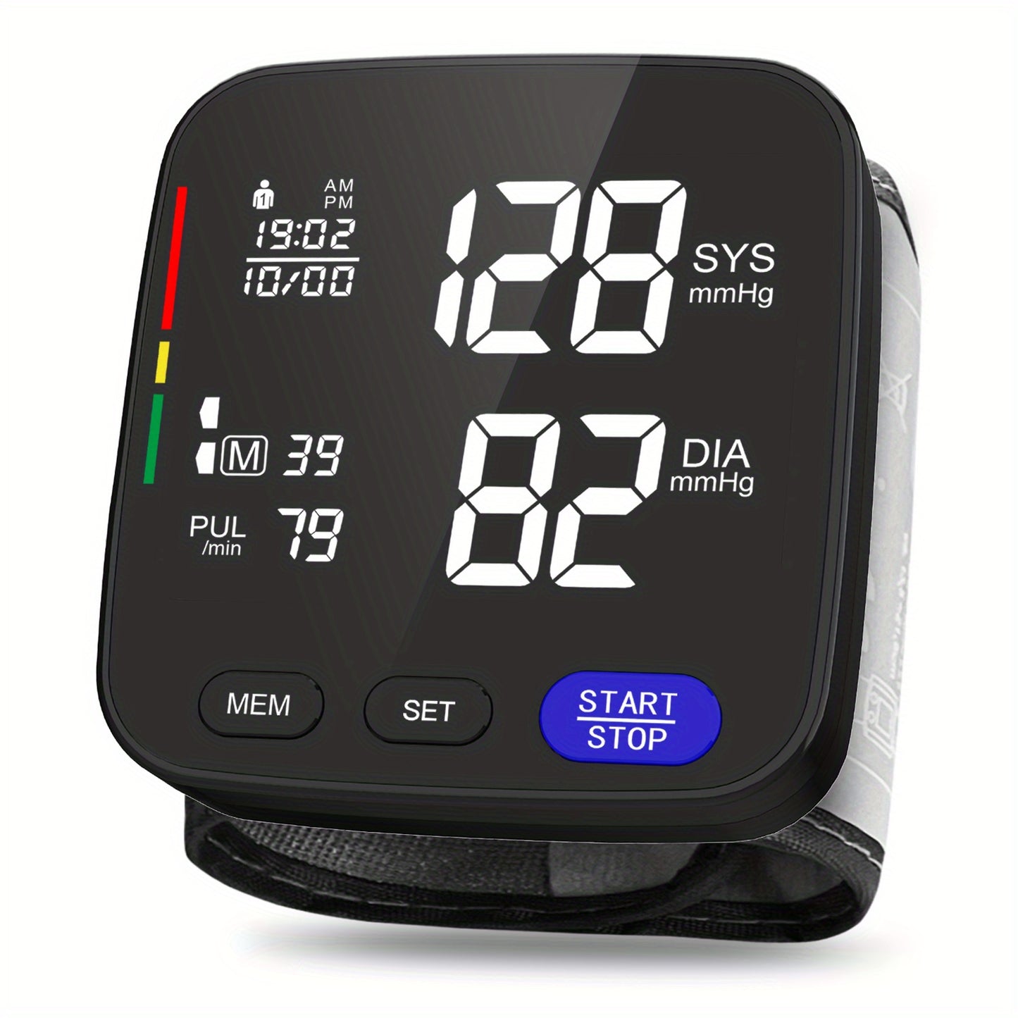 Household wrist blood pressure monitor, portable and wireless, can store up to 180 readings for two users (battery not included).