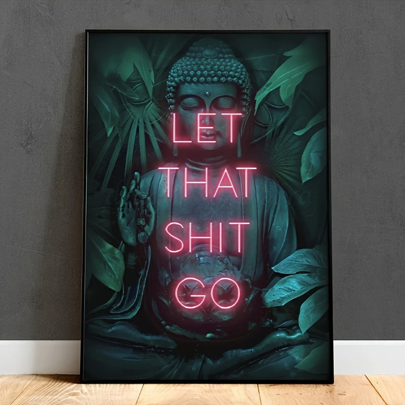 Frameless Neon Buddha Yoga Zen Canvas Art Print for Modern Home Decor, Portrait Orientation for Living Room Wall