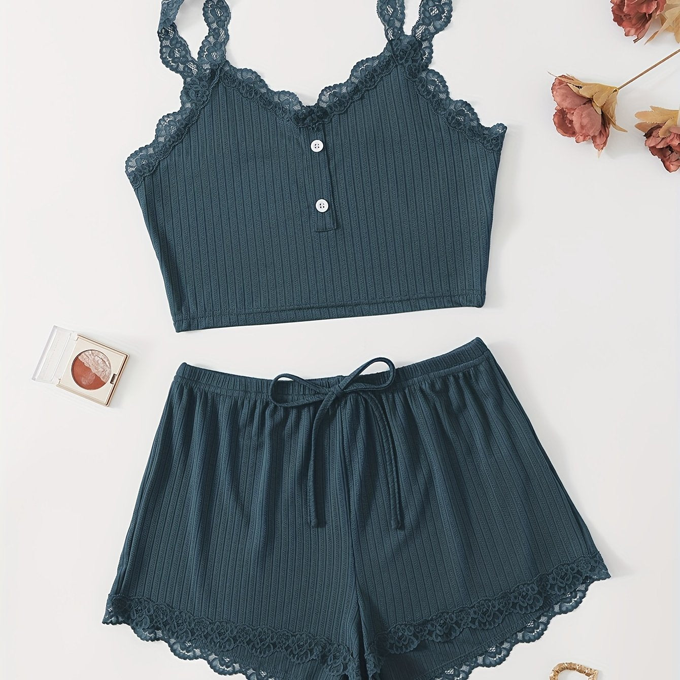 Ribbed lace trim pajama set for women includes a V-neck crop top and shorts with a comfortable fit for summer nights.