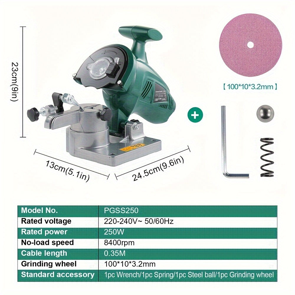 POSENPRO Electric Chainsaw Sharpener with 250W power, 10.16cm chain grinder in green. Features adjustable clamp, dual rotation, portable design, and efficient grinding. EU plug (220-240V).