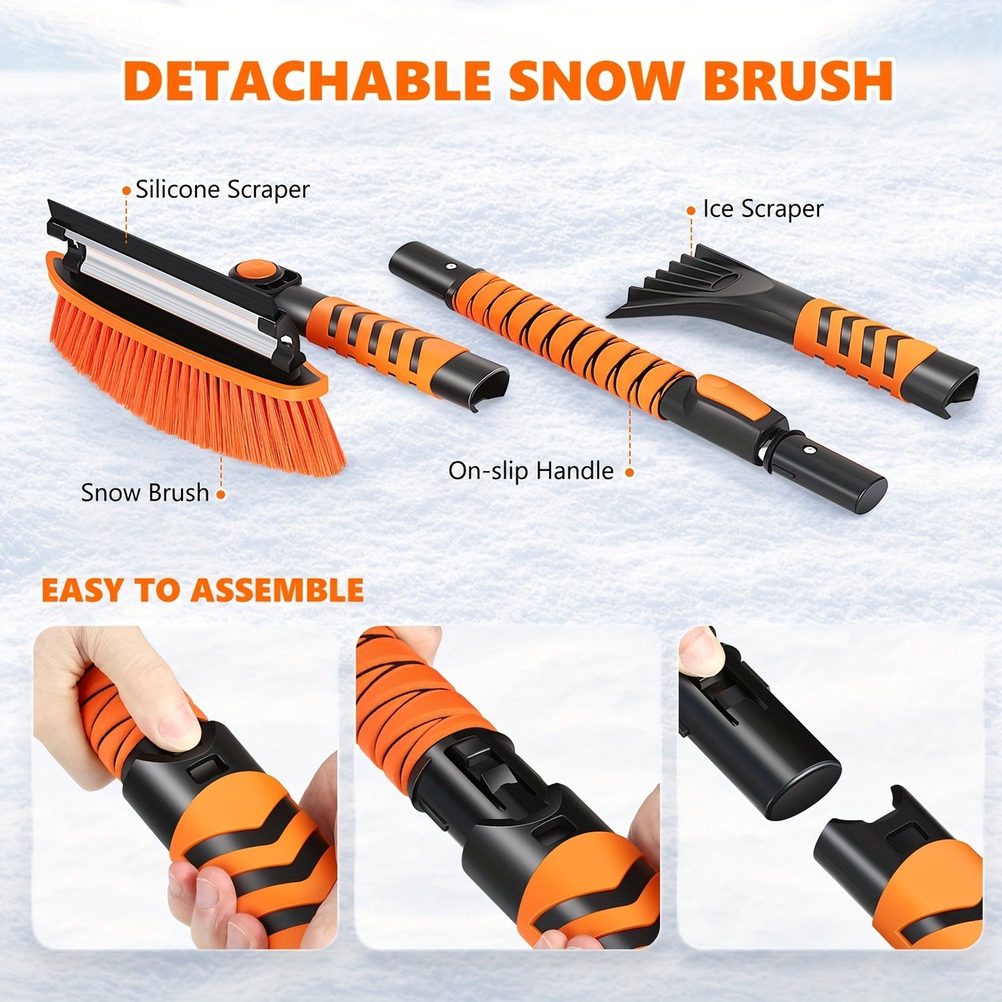 Winter Snow Broom with Extendable Snow Shovel, Car Glass Scraper, and Non-Slip Warm Gloves. PVC Soft Bristle Ice Scraping Tool for Heavy Snow. Outdoor Cleaning Accessory. Pack of 4pcs. Length: 109.98cm.