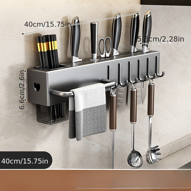 Wall-Mounted Kitchen Utensil Holder with Hooks, No-Drill Metal & Plastic Storage Rack for Cookware and Cutlery - Multi-Functional Hanging Organizer, Space Saving Tool Shelf for Kitchen Stuff.