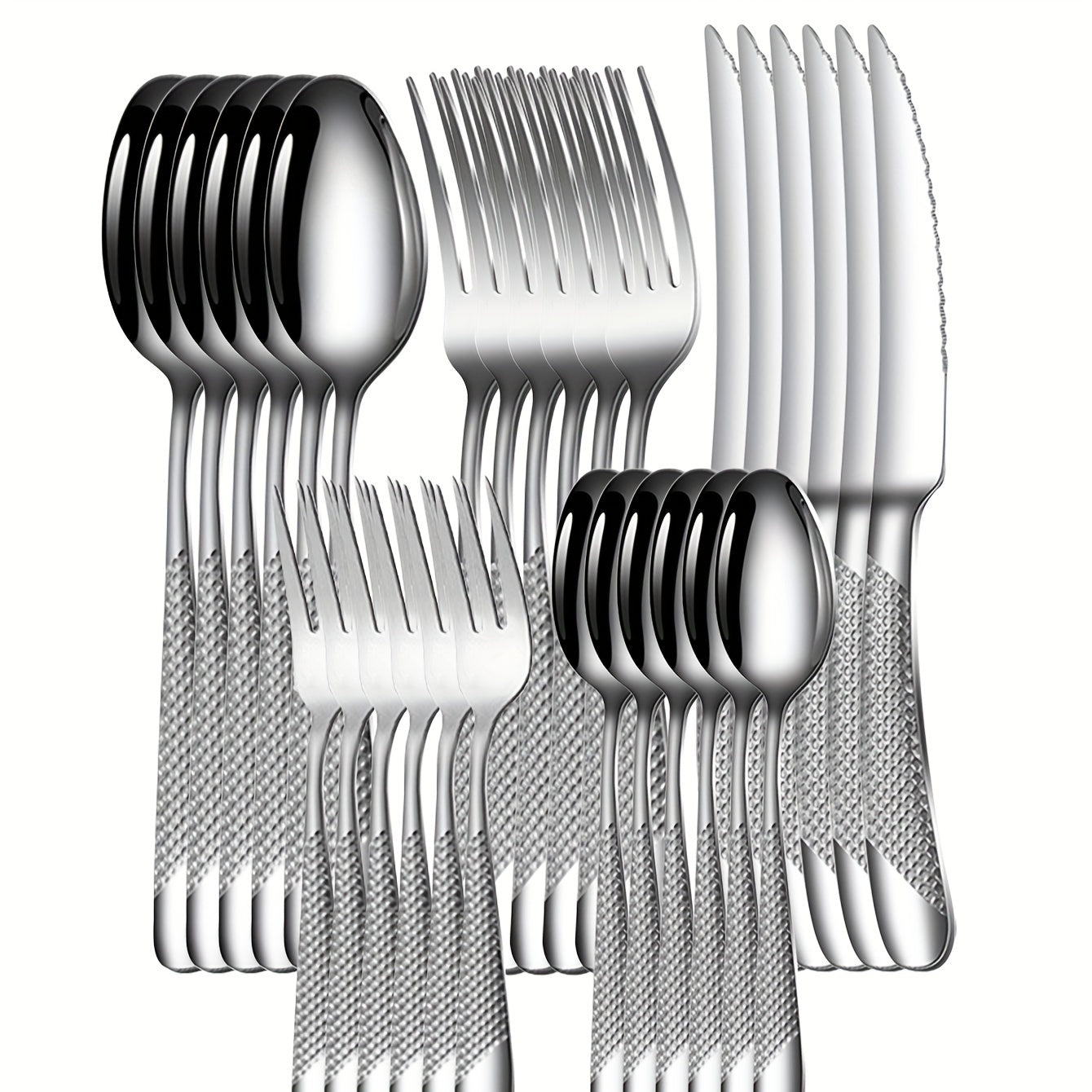 30-piece stainless steel cutlery set for restaurants and hotels, including steak knives, dinner forks, dinner spoons, and dessert spoons.