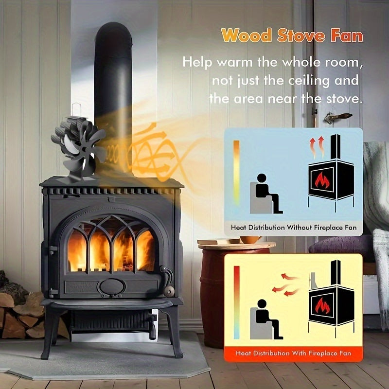 Aluminum Wood Stove Fan with 6 Blades, Large Fireplace Fan for Home Use - Silently Powered by Heat, Polished Finish