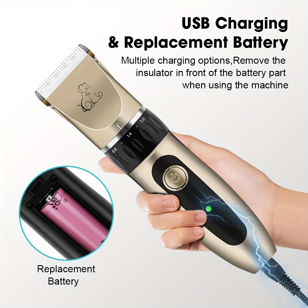 Electric pet hair trimmer with removable blade and rechargeable battery.