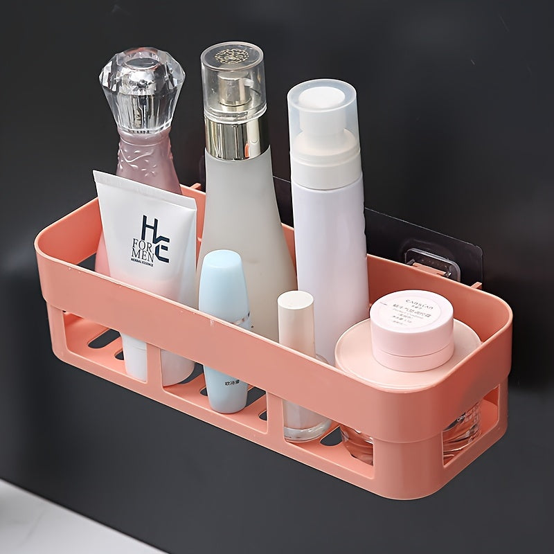 Durable Plastic Wall-Mounted Bathroom Organizer Shelf with Self-Adhesive No-Drill Installation - Ideal for Storing Shampoo, Shower Gel, Plastic Shower Caddy, and Dish Sponge Holder. No Electricity Required.