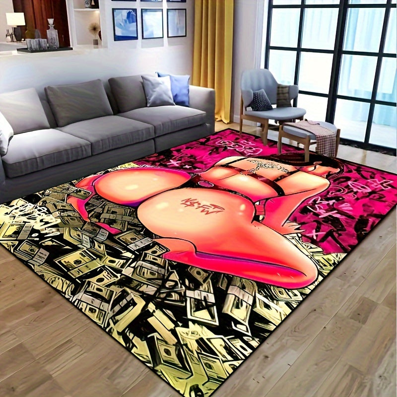 Non-slip resistant rug featuring a tattooed beauty sitting in a pile of dollars surrounded by back shadow devil fish. This machine washable and waterproof carpet is perfect for entryways, living rooms, bedrooms, outdoor patios, gardens, and yards. Add a