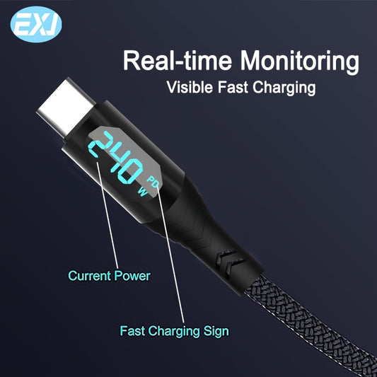 EXJ-240W Data Cable with Type C to C Fast Charging, USB A to C, Smart Digital Display, Zinc Alloy Nylon Braided Cable for iPhone, Samsung, Tablet, iPad, Mobile Phone, Power Bank, and Other