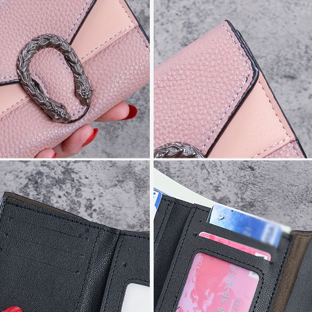 Vintage style women's slim wallet made of faux leather with buckle closure, tri-fold design, slip pocket, and faux leather lining.