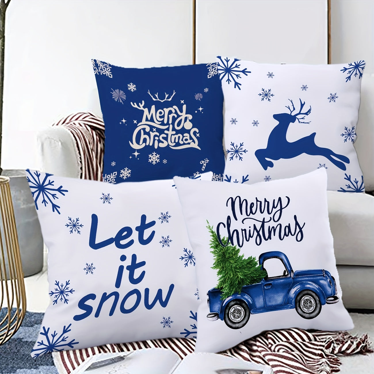 Set of 4 Christmas-themed pillowcases with various designs, 45.72cm X 45.72cm.