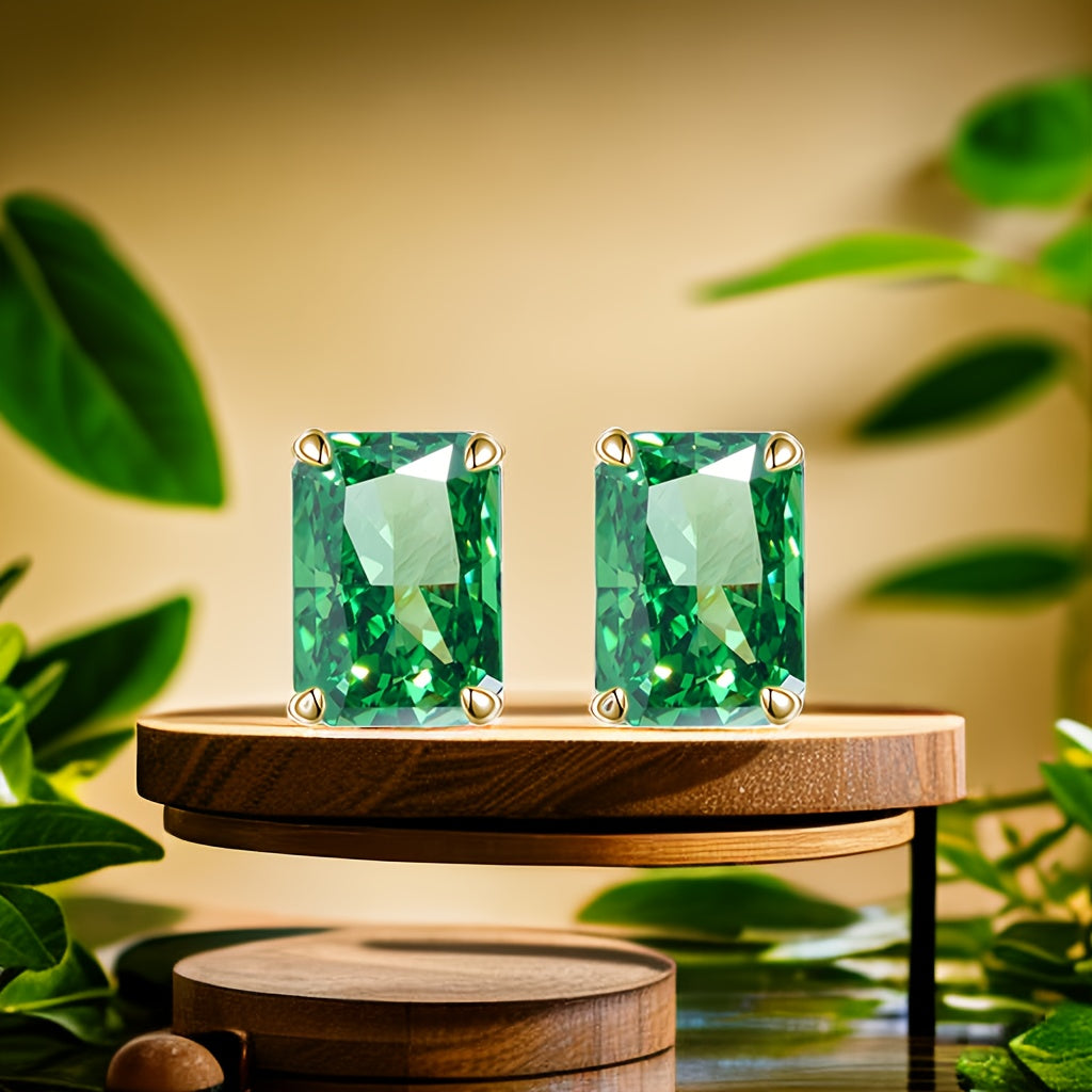 Stylish and elegant Women's Stud Earrings featuring 8 Carat Emerald Green Zirconia with Excellent Quality Sparkle Ice Cut, set in S925 Silver Plated with Platinum and Gold Mosaic. A popular and fashionable choice for women.