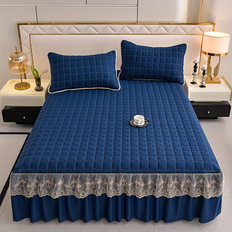 Luxury bedding set includes quilted edge bed skirt, 2 pillowcases, mattress protector, bed sheet, and duvet cover. Skin-friendly, breathable, and easy to maintain. Suitable for various