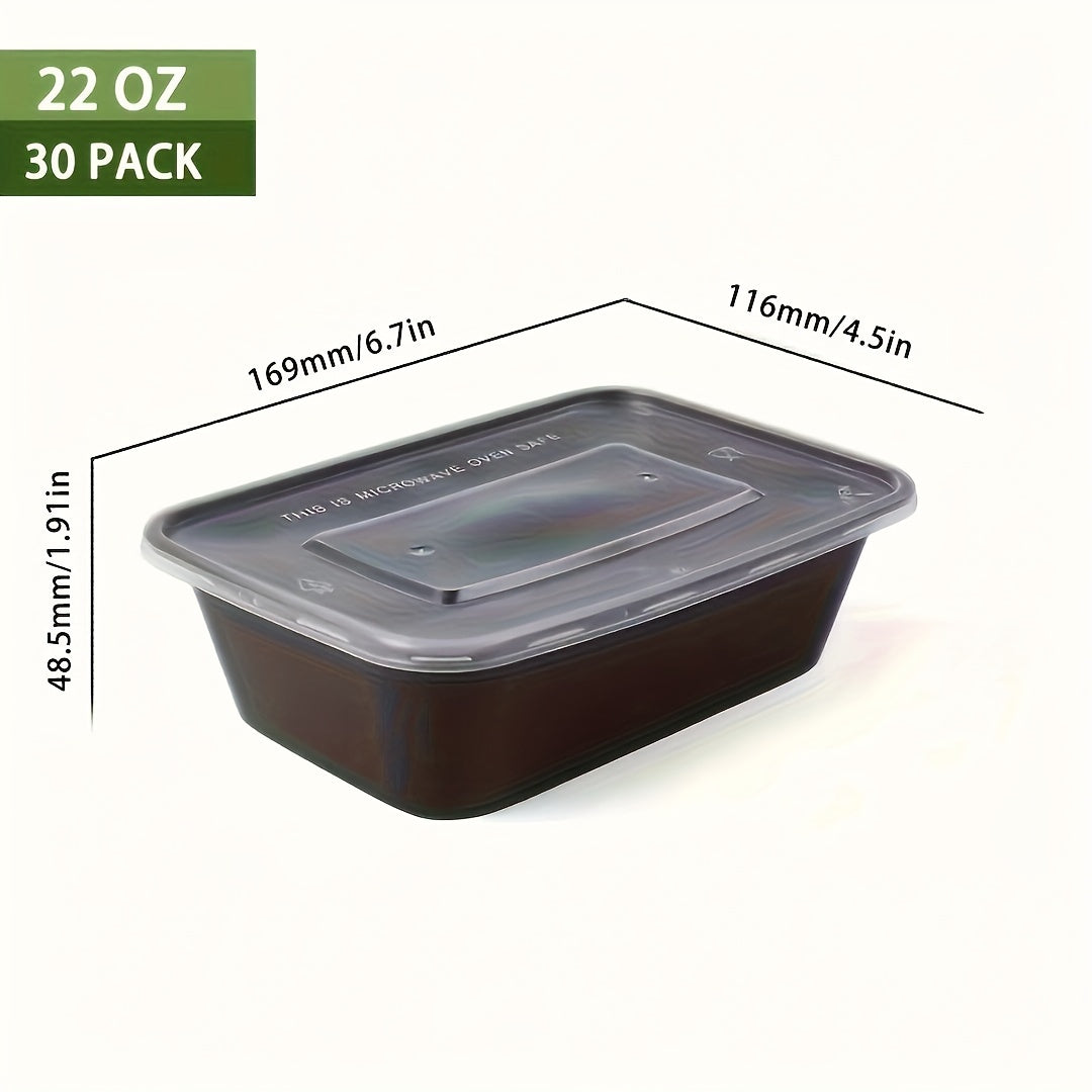 Pack of 30 rectangular plastic black boxes with lids in sizes 17oz, 22oz, and 26oz. These food storage containers are BPA-free, stackable, and leakproof. They are safe to use in the microwave and are perfect for storing and transporting food. Great for